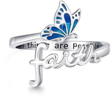 Waysles Schmetterlings Glaube Ring 925 Sterling Silber Verstellbarer Open Ring christlicher Schmetterlings Schmuck Symbol für Auferstehung Geschenk für Frauen (18.2-19.1 mm)