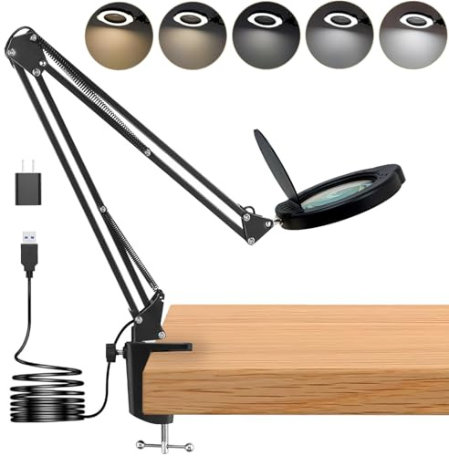 Schreibtischlampe mit 15-facher Vergrößerung, Echtglaslinse, 84 LEDs, 5 Farbmodi, dimmbar, LED-Lampenlupe mit Staubschutz, USB-Ladegerät, Reinigungstuch, ideales Geschenk für Senioren, Bastler