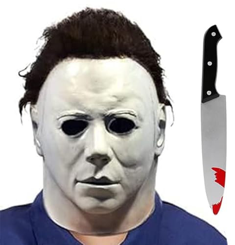 SINSEN 2PCS Michael Myers Masks for Kids Original Michael Myers Half Face Mask with Elastic Band Bloody Knife Toy Scary Killer Headgear Halloween Cosplay Costume Props Designed for Boys Girls