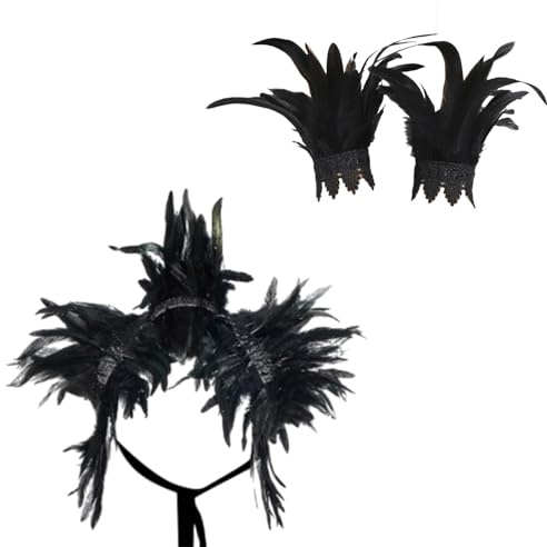 AWAVM Women Natural Feather Cape with Wrist Cuffs Wristband Maleficent Costume Gothic Lacing Shawl Shrug Collar Feather Cape for Halloween Cosplay Christmas Party Gift