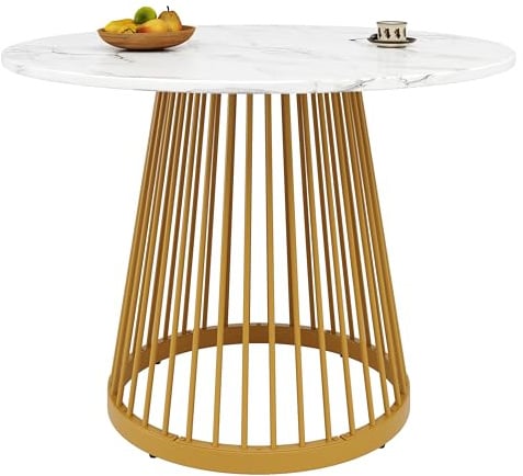 Rpuzonier Runder Esstisch, KüChentisch, 80cm Esszimmertisch mit Metallgestell füR 4 Personen, MDF Marmorierte Tischplatte, Verstellbaretischbeine, Geeignet für Esszimmer und Wohnzimmer (Weiß & Gold)