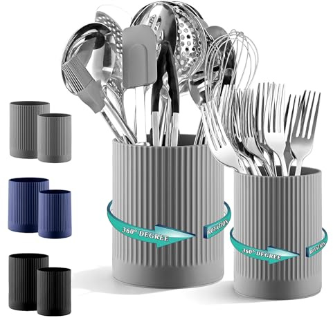 Kyraton Cooking Utensils Holder 2pcs, 360° Rotating Heavy Duty Plastic Kitchen Utensil Holder for Countertop, The Small Utensil Crock for Cutlery Silverware, Tooth Brush, Desk Pencil Pen
