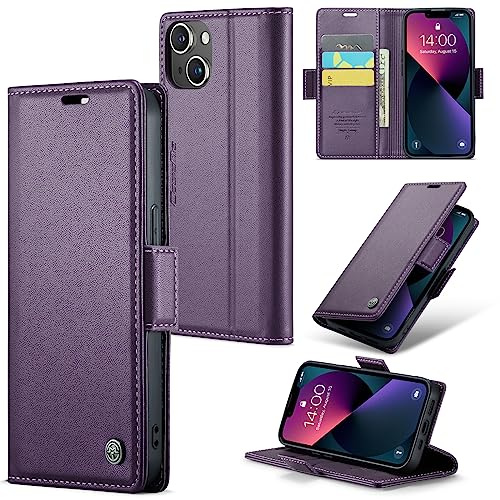 Idhiem for iPhone 13 Flip Case, PU Leather Wallet Cover with RFID Blocking, Magnetic Closure Card Holder and Kickstand, Shockproof Protective Case- Purple