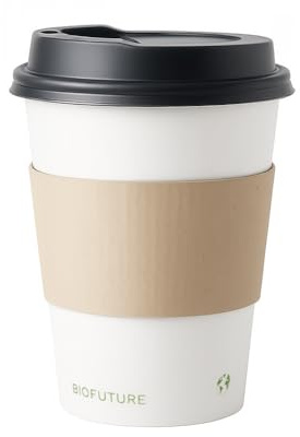BIOFUTURE Disposable Coffee Cups 50 x 8oz – Compostable Paper Cups with Black Lids and Sleeves, Eco-Friendly & Biodegradable, Ideal for Hot Drinks, Takeaway or Travel, EN 13432 Certified (White)