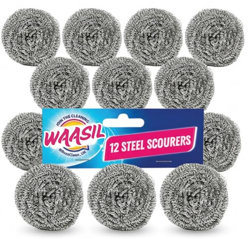 SOL 12pk Stainless Steel Scourer - Heavy Duty Metal Scourers 6cm | Stainless Steel Scrubbers for Pots, Pans, Grills & Ovens - Reusable Heavy-Duty Metal Sponge Pads, 6cm, 12pk