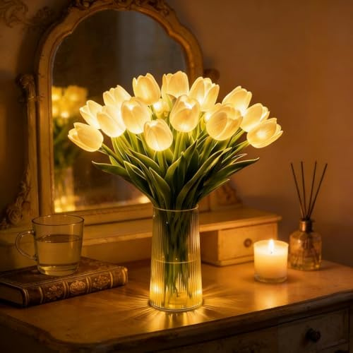 Aukojoy Strahlendes, romantisches Tulpenlicht mit Vase, 15 Stück funkelnde LED-Tulpen, die nie verblassen, blumenförmige Umgebungsnachtlampe für Schlafzimmer, Nachttisch, Dekoration und Geschenk