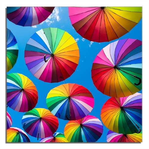 Wallario Wandbild aus Acryl, 50 x 50 cm, freischwebende Optik - Bunte Regenschirme vor blauem Himmel