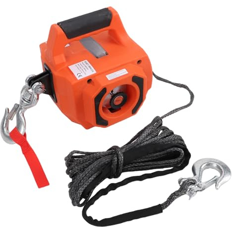 Fockety Portable Drill Winch of 1500 LB, Handheld Drill Winch, Hand with Synthetic Rope and Free Sliding Clutch for Lifting, Dragging, Towing and Wood Transport (Red) (Alloy)