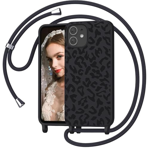 Mosoris Handyband für iPhone 12 Mini/13 Mini Hülle mit Band, Leopardenmuster Silikon Handyhülle mit Kette, Necklace Schutzhülle zum Umhängen Kordel, Liquid Silikon Case für iPhone 13 Mini, Schwarz