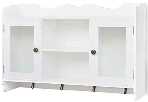 hliofuir Armadio sospeso bianco in MDF laccato, vetrina sospesa con 2 ante in vetro e 4 ganci, armadio da parete per cucina e corridoio, vetrina da parete salvaspazio per tazze e chiavi, 68 x 17 x 44