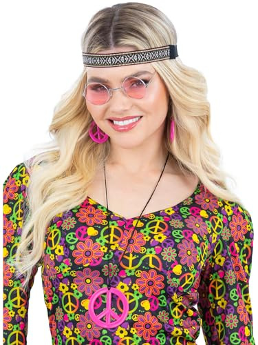 Smiffys Hippie Kit, Pink with Headband, Specs and Jewellery, 1960's Groovy Fancy Dress, 1960s Dress Up Accessories Halloween