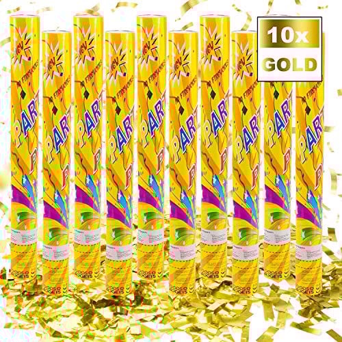 GOODS+GADGETS Konfetti-Kanone Konfetti-Shooter Party Popper Konfettikanone - XL 40 cm Gold - 10 Set