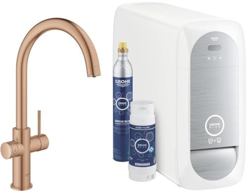Grohe Blue Home C-spout Starter Kit 31455 Miscelatore monocomando per lavello con funzione di filtro, con raffreddatore e WIFI, Colorazione: tramonto caldo spazzolato