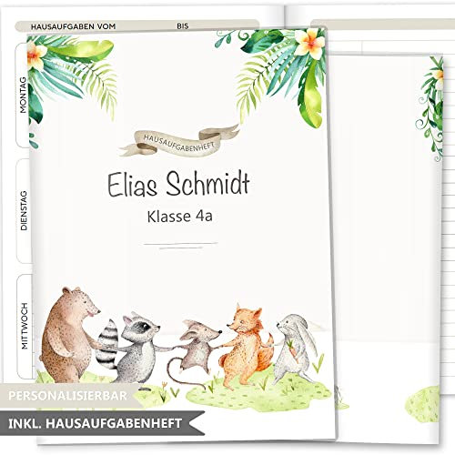 OLGS Hausaufgabenheft Hülle Tierfreunde inkl. Heft Schulheft Schutzhülle Umschlag Geschenkidee Einschulung personalisierbar mit Namen und die Schulklasse (personalisiert, Freunde)