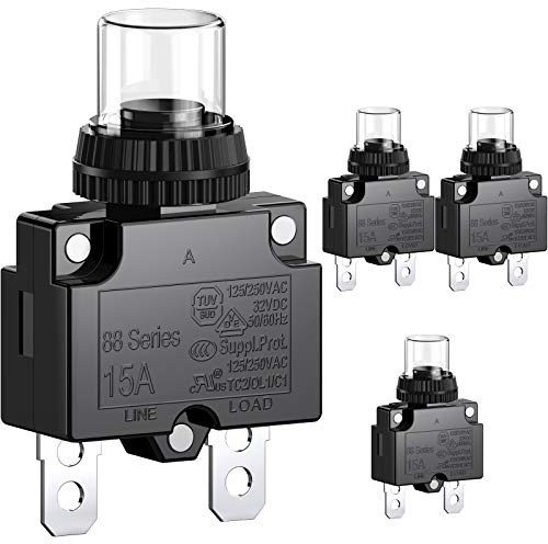 CLDIY 15-A-Leistungsschalter mit thermischem Überlastungsschutz 88 Series Manual Push Button Reset mit Schnellanschlussklemmen und wasserdichter Tastenkappe 32VDC oder 125 / 250VAC 4PCS
