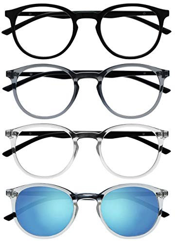 OPULIZE Met 4er-Pack Lesebrille Mit Sonne Leser Groß Runden Schwarz Grau Klar Herren Damen RRRS60-17CC +1,50