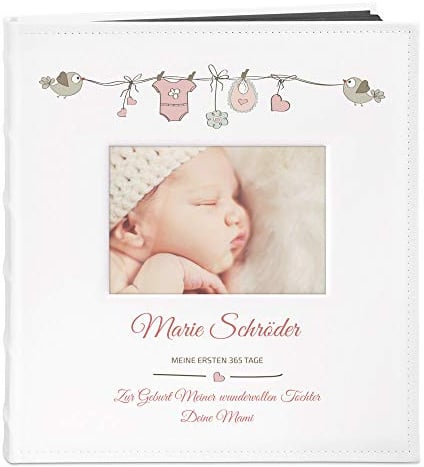 Maverton Fotoalbum zum Selbstgestalten mit Bildausschnitt + mit Aufdruck | Schwarze Seiten, Größe 33x30cm, Weiß, personalisierte Geschenke für Kinder zur Taufe Geburt, Geburtstagsgeschenk