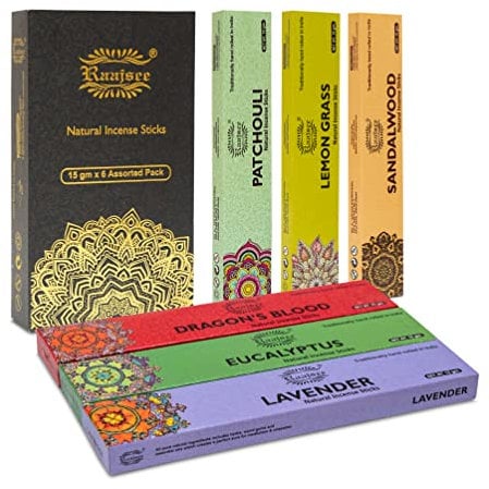 Raajsee 100% Bio-Räucherstäbchen handgerollt 6er-Pack je 15 Gramm-Lavendel, Sandelholz, Patchouli, Drachenblut, Eukalyptus, Zitronengras -Frei von Chemikalien - Perfekt für Kirche, Aromatherapie#pk4