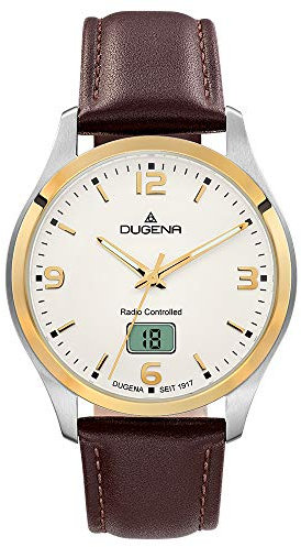 Dugena Herren-Armbanduhr 4460862 Tresor Funk, Funkuhrwerk, Bicolor-Zifferblatt, Edelstahlgehäuse, Saphirglas, Lederarmband, Dornschließe, 10 bar