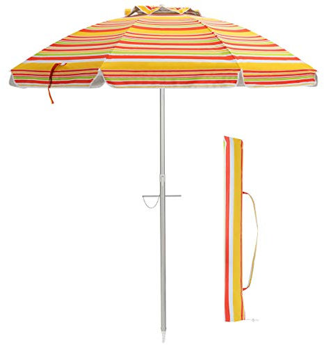 GIANTEX Parasol de plage de 198 cm avec ancrage - Parasol de jardin inclinable - Parasol de marché avec sac de transport - Parasol rond - Protection solaire UV50+, jaune, grand