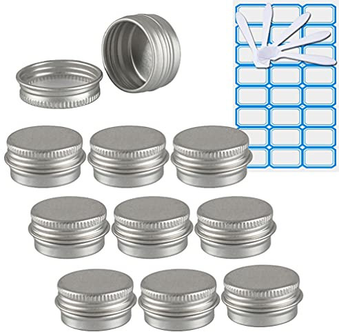 ZEOABSY 10 Pièces 5ml Pots en Aluminium Vide Rond Argent Petit Cosmétiques Pot Conteneurs for Fait Main Bougies Crème Baume Voyage, 5X Spatule, 1x Étiquettes