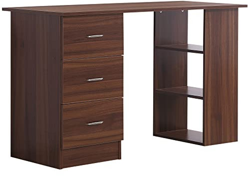 HOMCOM - Escritorio informático, mesa multifunciones, 3 cajones, 2 estantes dim. 120 x 49 x 72 cm. MDF Aspecto de nogal