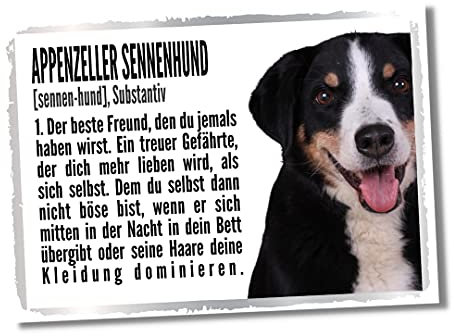 Appenzeller Sennenhund Duden Hund Dog Schild Spruch Türschild Hundeschild Warnschild Fun Geschenkidee lustiger Spruch Hundemotiv Aluminium Wetterfestes Hundeschild