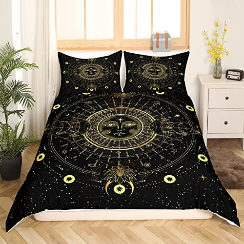 Loussiesd Böhmen Sonne und Mond drucken Bettwäsche Set Gold Schwarz Böhmische Exotik Stil Bettbezug Set Frauen Männer Dekorative Boho Sterne Mond Sonne Bettwäsche 135x200 cm mit 1 Kissenbezug