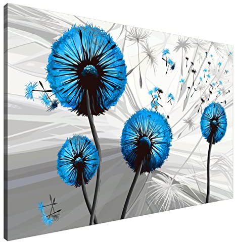 Estika Leinwand bilder - Pusteblume Blau - 120x80 cm, 1 teilige kunstdruck - Wandbilder wohnzimmer, schlafzimmer, Moderne wanddeko, Bild auf leinwand - Abstrakt blumen bilder - 5055A_1B