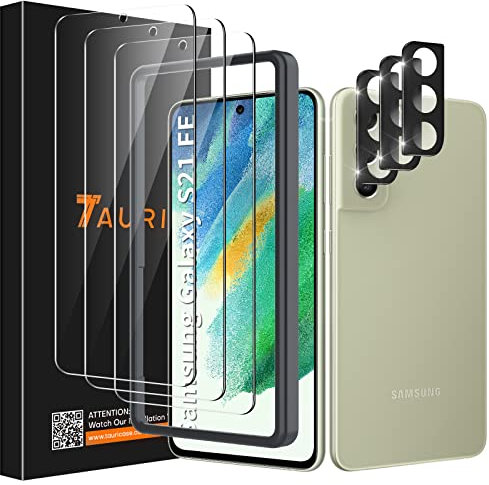 TAURI 3+3 Stück Schutzfolie Kompatibel mit Samsung Galaxy S21 FE 5G Tempered Glass (6.5 Zoll), 3 Stück Panzerfolie und 3 Stück Kameraschutz, Kratzfest 9H Härte Folie, Blasenfreie Displayschutz