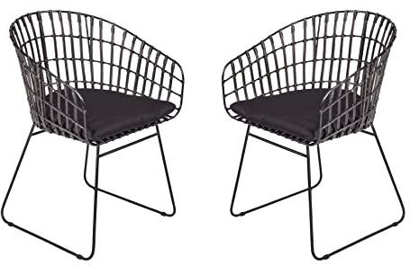 SAM 2er Set Rattanstuhl Lima, Farbe Anthrazit, inklusive Sitzkissen | Korbstuhl mit Metallrahmen, Geflechtstuhl/Eisenstuhl im Retro-Design, Esszimmerstuhl mit Armlehnen