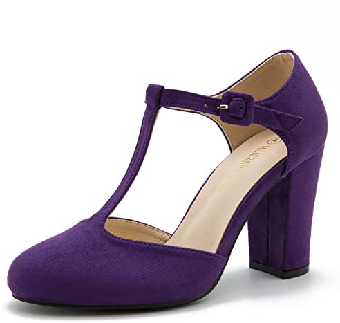 Women's T-Strap Block Chunky Heel Mary Jane Pumps Cut Out Wedding Dress Shoes, Suede Purple, 7 UK