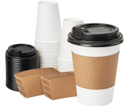 RACETOP 12 oz 50 pack Disposable Paper Coffee Cups with Lids and Sleeves