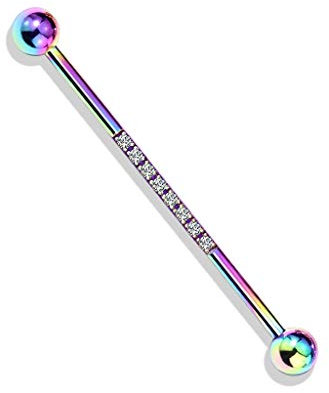 beyoutifulthings Industrial-Piercing Regenbogen Zirkonia-Reihe Clear Industrial-Barbell Industrial-Bar Chirurgenstahl Stab-länge 38-mm