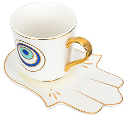 UPKOCH Ceramic Coffee Mug Saucer Set Evil Eye Cup Mystic Hand Style Saucer Turkish Amulet for Milk Water Tea Juice Soda Wine Home Decor White