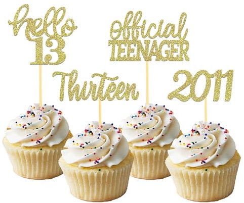 24 Stück Glitzer 13. Geburtstag Cupcake Topper, Geburtstagsdeko 13 von 2012 für 13. Geburtstag Junge, 13 Geburtstagsfeier Zubehör Party Dekoration Kuchendekoration (Gold)