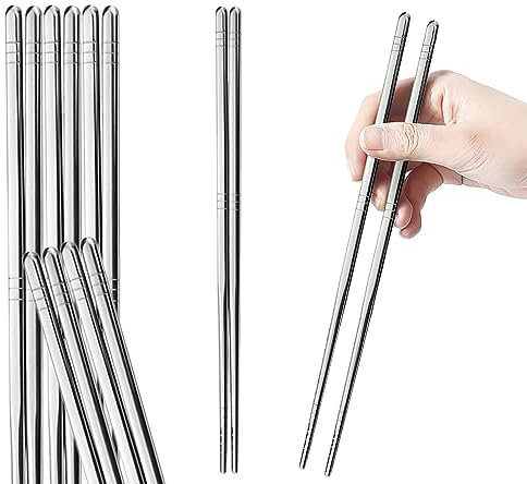 tiokin Lot de 5 paires de baguettes en métal de 24 cm réutilisables en acier inoxydable 304 - Baguettes coréennes carrées légères et antidérapantes - Passe au lave-vaisselle - Utilisation pour la