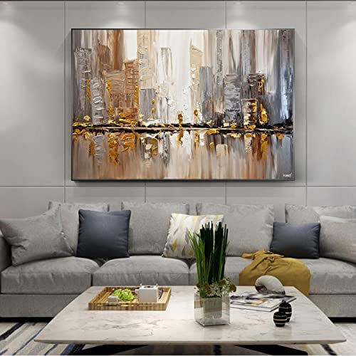 Zhadongli Art Peinture à l'huile abstraite imprimée sur toile, affiche de ville dorée, paysage mural, peinture au couteau moderne pour décoration de salon, 40x50cm (16x20 pouces) avec cadre