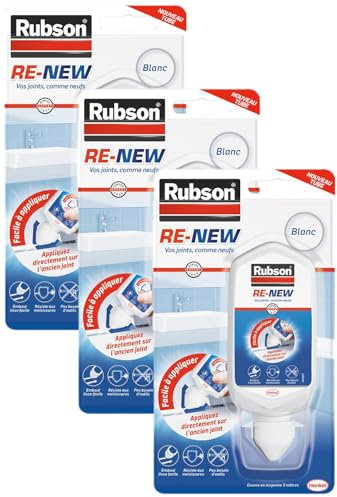 Rubson RE-NEW Blanc (1 x 80ml), mastic sanitaire blanc à base de silicone, s'applique sur le joint déjà existant, mastic étanche & anti-moisissures (Lot de 3)