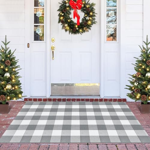 Buffalo Plaid Teppich 7,6 x 12,7 cm Baumwolle gewebt Büffel Karo Teppich grau und weiß kariert Outdoor Teppich waschbar Indoor Outdoor Bereich Teppich geschichtete Haustür Matten Teppich für