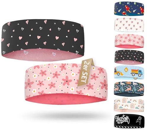 Kinder Stirnband - dünnes, ultraleichtes und elastisches Sportstirnband für Jungen und Mädchen (Doppelpackung Blumen/Herzen)