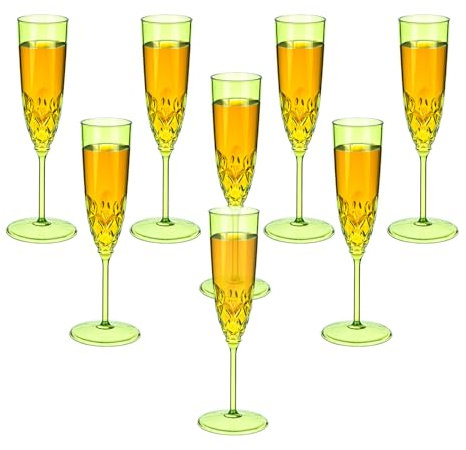 Plastic Champagne Flutes, 8 Pcs Shatterproof Reusable Fancy Crystal Clear Champagne Glasses, 5 oz Acrylic Unbreakable Elegant Party Drinking Cocktail Wine Glasses Wedding Birthday Bar Goblets Green