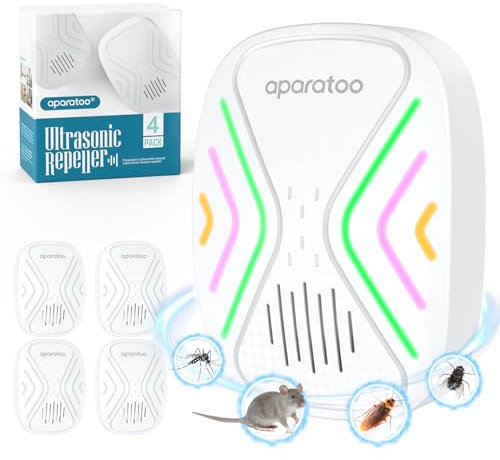 Repelente Ultrasónico de Plagas 4 Paquetes, Repelente Ultrasónico Antiparasitario Electrónico Repelente Mosquitos Insectos Control para Interiores Anti Cucarachas, Moscas,Mosquitos,Ratones,Arañas