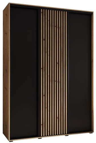 MEBLE KRYSPOL Lanko 1 Schrank mit DREI Schiebetüren mit Stange, Regale - Moderner Aufbewahrungsschrank für Schlafzimmer, Wohnzimmer - 235,2x180x45 cm - Artisan Schwarz Artisan