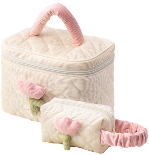 Makukke Kosmetiktasche Damen Mädchen Aesthetic Make up Bag 2 Pcs Reise Kulturtasche Cord Kosmetiktasche für Damen und Teens,Beige