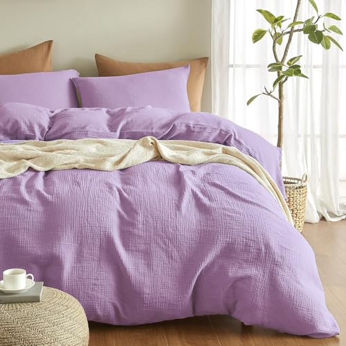 Boqingzhu Doppelte Bettwäsche 135x200cm Muslin Baumwolle Lila Weich Kuschelig Sommer Baumwollbettwäsche Set Leinen Violett Bettbezug 135x200cm und Kissenbezug 80x80cm mit Reißverschluss