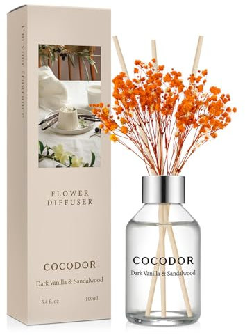 COCODOR Flower Reed Diffuser set / 100ml / Dark Vanilla&Sandalwood/Scent Diffuser with Sticks Home Fragrance Reed Diffuser for Bathroom Shelf Decor