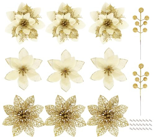 ilauke Poinsettia Artificial Flowers Gold Christmas Decorations, 30Pcs Glitter Christmas Tree Decorations Flowers with Berry Stems, Artificial Flowers Set for Xmas Tree Wreath Wedding Party Decor