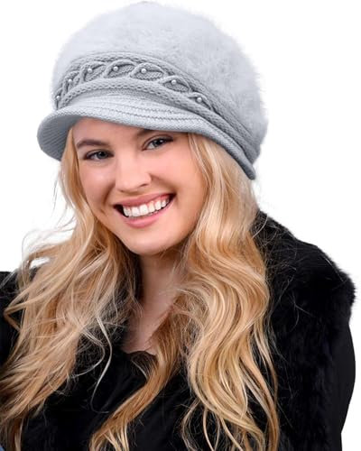 Yutdeng Baskenmütze Damen Winter - Gefütterte Strickmütze mit Schirm, Wollmütze Fleece Barett, Wintermütze Strick Hut, Warme Hüte für Frauen, Weich Beret Beanie
