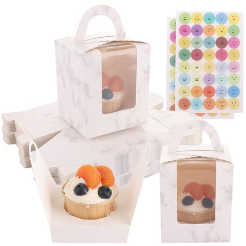 SHUESS 100 Pack Single Cupcake Boxes, Cupcake Boxes Individual, White Cupcake Box with Window and Inserts, Marble Pattern Cup Cake Boxes with Handle for Cake Portions, Ideal for Pastries and Doughnuts